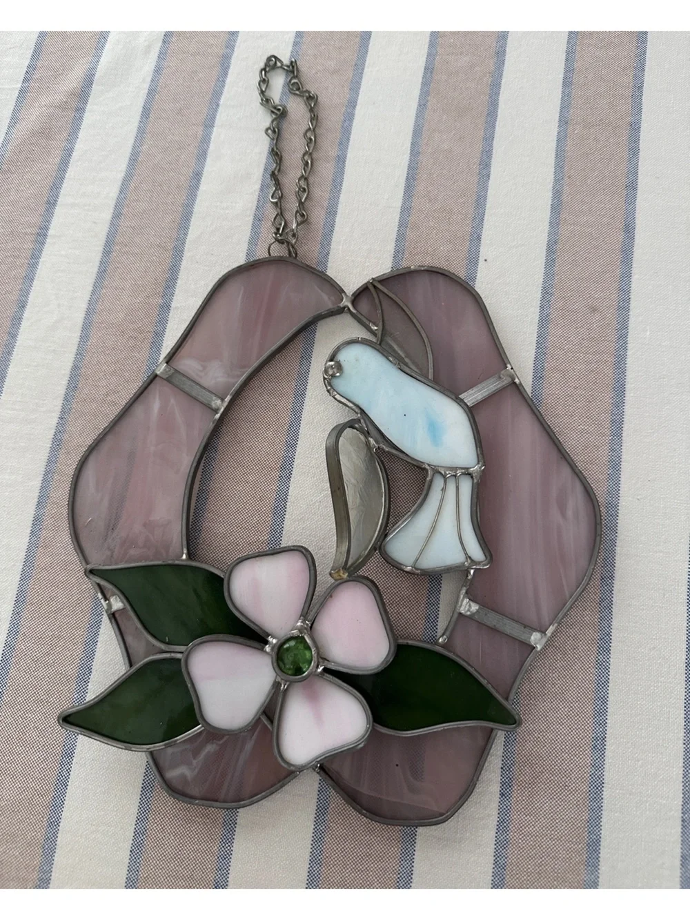Pink Stained Glass Dove Suncatcher with Flower
